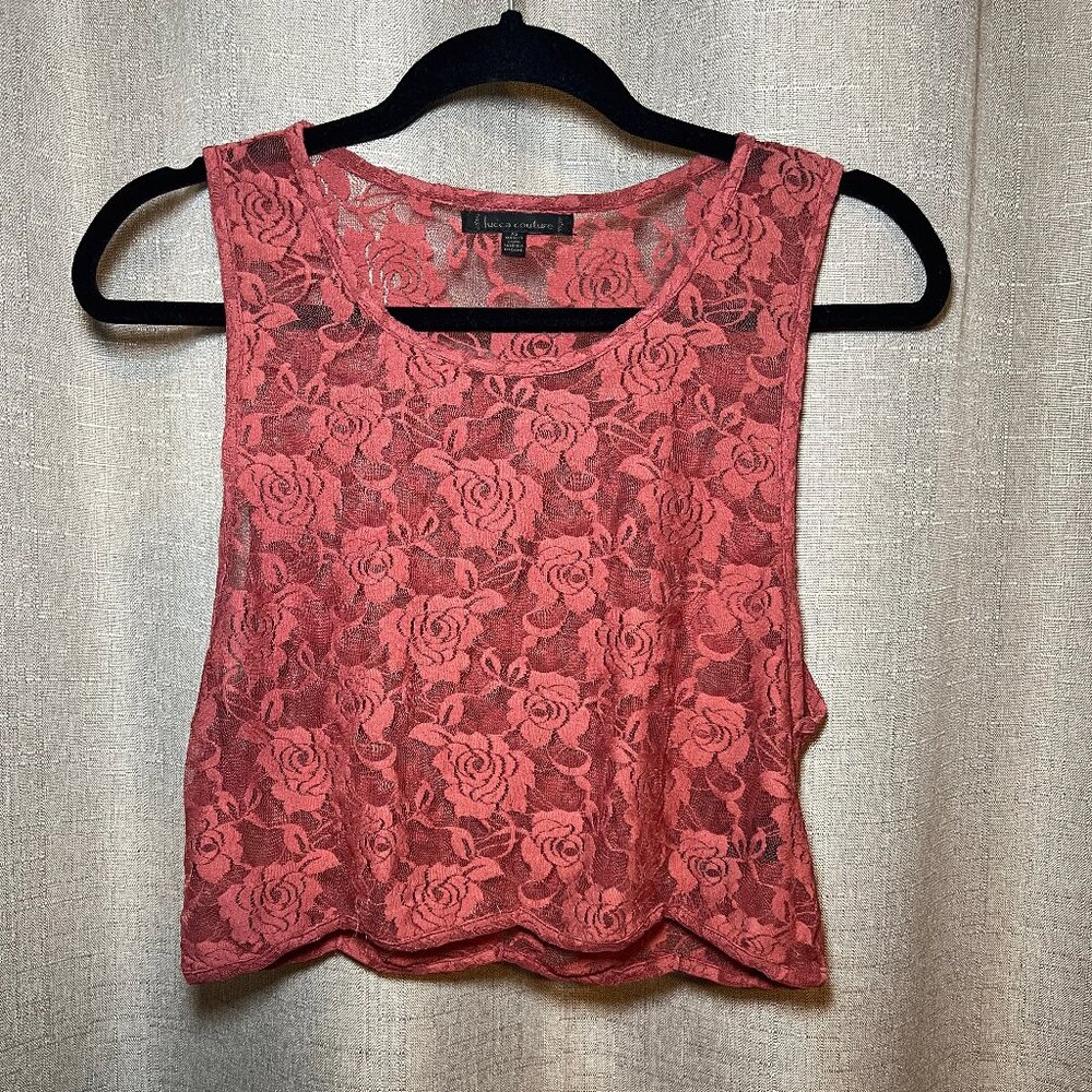Lucca Couture Sheer Lace Burgundy Red Crop Top